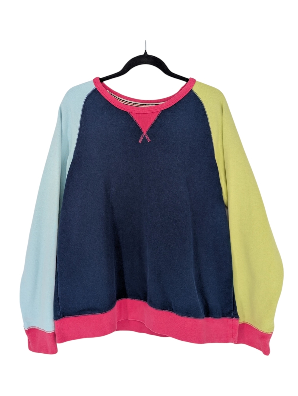 Lands' End Serious Sweats Color Block Raglan Sweatshirt | M | Navy Neon Cotton - Picture 3 of 7